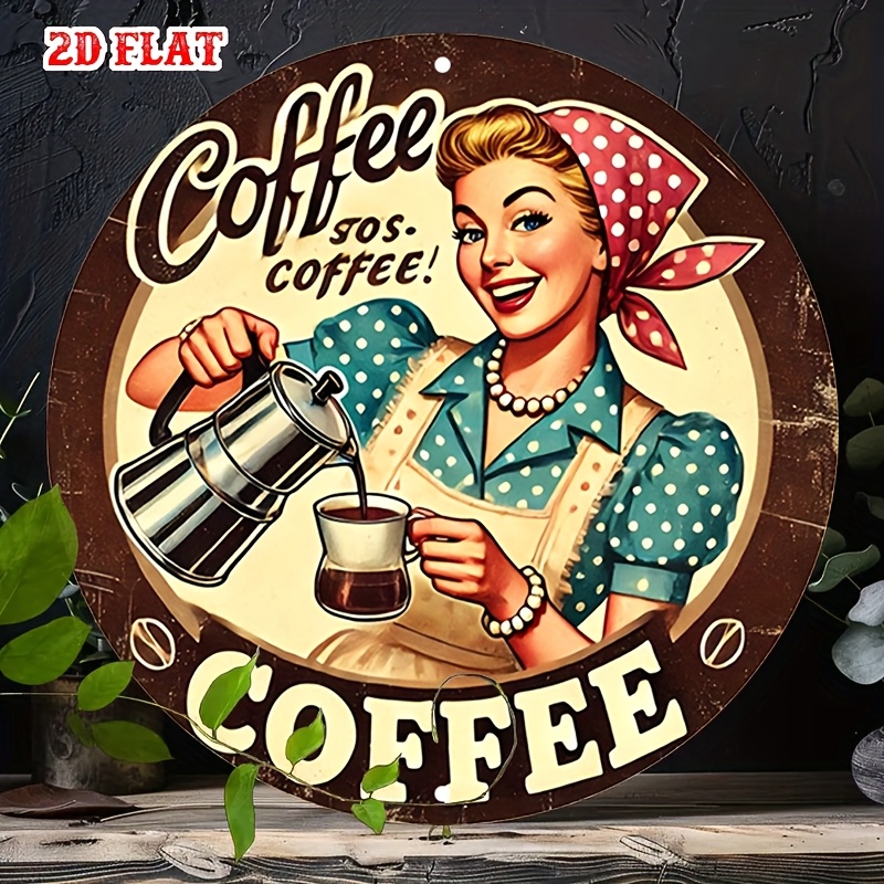 Vintage Collectible Plates - [2D フラット] レトロな丸型アルミ製コーヒーサイン - 「コーヒー、コーヒー、コーヒー！」 ヴィンテージのバリスタのイラスト、素朴な壁の装飾