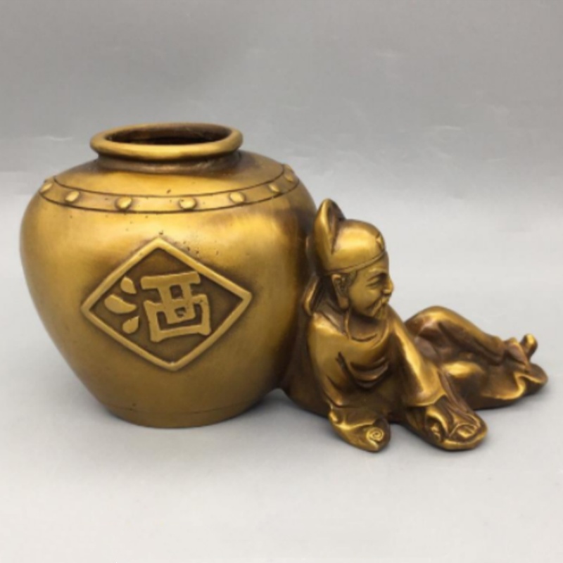 Vintage Collectible Pens - アンティーク真鍮製の李白「酔仙」像 - 真鍮製の香炉、筆洗、卓上装飾品、民俗芸術のコレクション