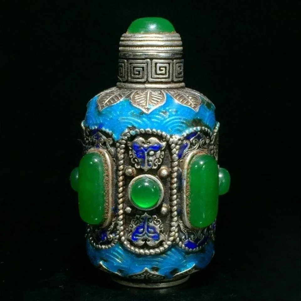 Vintage Collectible Bottles - 手作りアンティーク銀製七宝焼嗅ぎタバコ瓶、ヴィンテージ装飾品、コレクターズギフト