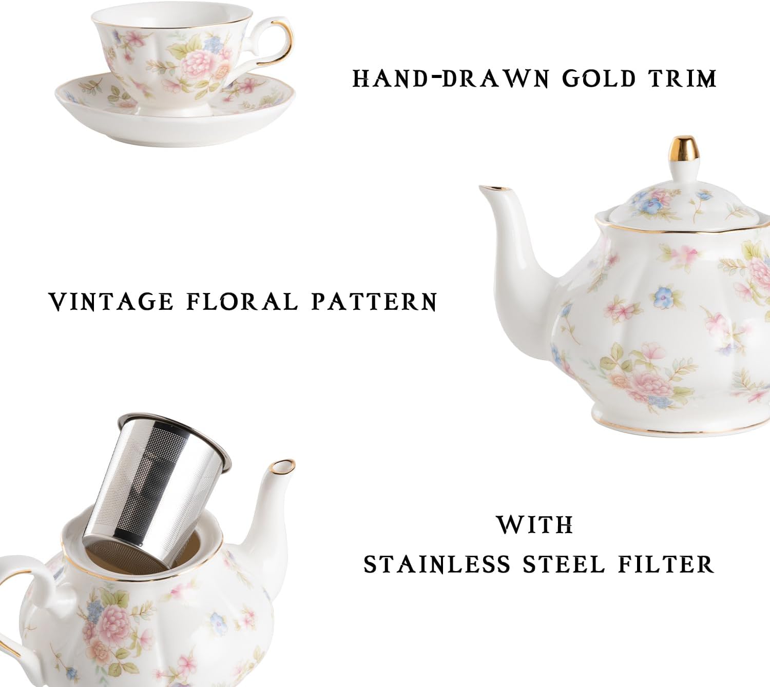磁器製、アンティーク調の花柄ティーセット。英国風のレリーフ模 - Vintage Collectible Spoons のレビューと価格
